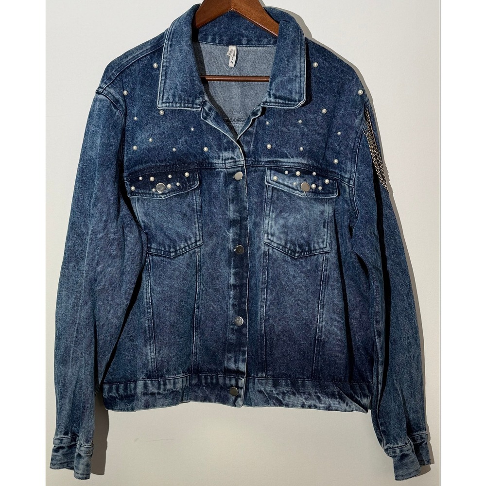 Denim Jacket Acid Wash Faux Pearl Embellished Denim Jacket Boxy Fit Size 2X